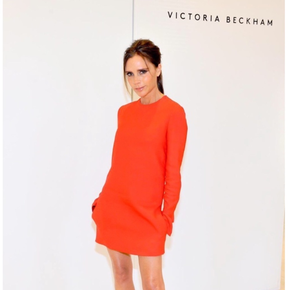EUC Victoria Beckham V Back Orange Wool Shift Dress Long Sleeves  US 6